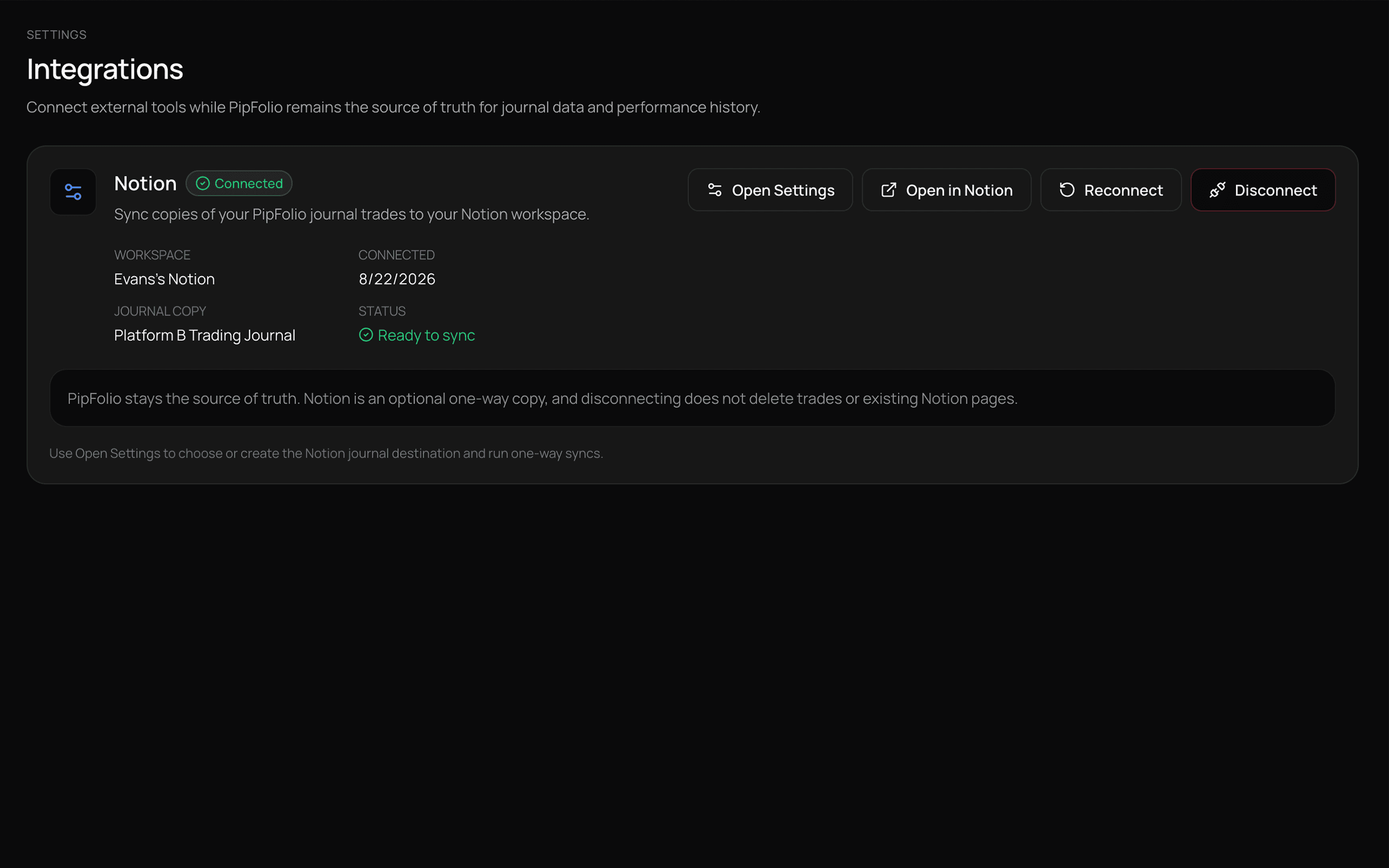 PipFolio Notion integration screen for optional journal copying.